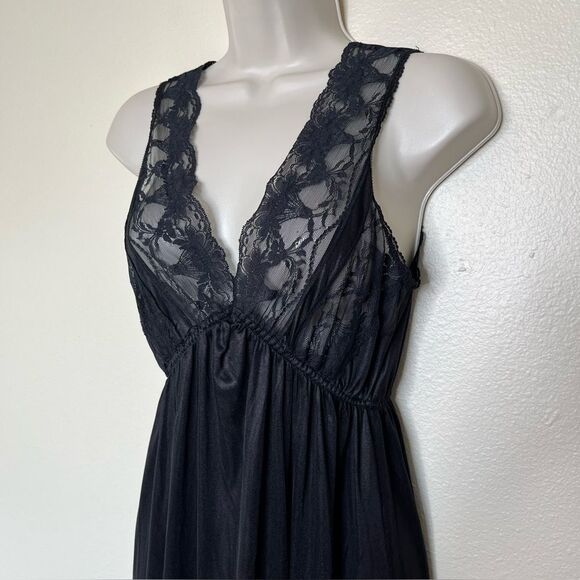 Vintage Texsheen Black Lace Nylon Long Nightgown Peignoir Chemise Women Small - Picture 6 of 14